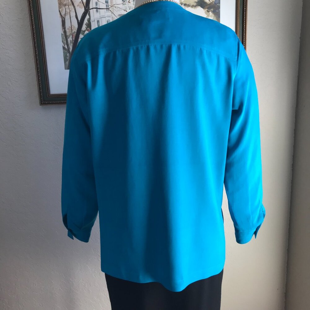 Valerie Stevens Petite Pure Silk Turquoise Blouse - Size PM - Picture 4 of 14